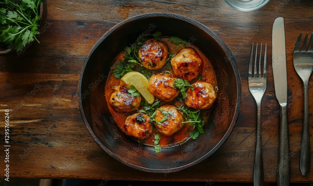 Top view of chicken meatballs with tomato sauce and herbs in a wooden bowl on a rustic table, with a fork and knife next to it Top view of chicken meatballs with tomato sauce and herbs in a wooden bowl on a rustic table, with a fork and knife next to it