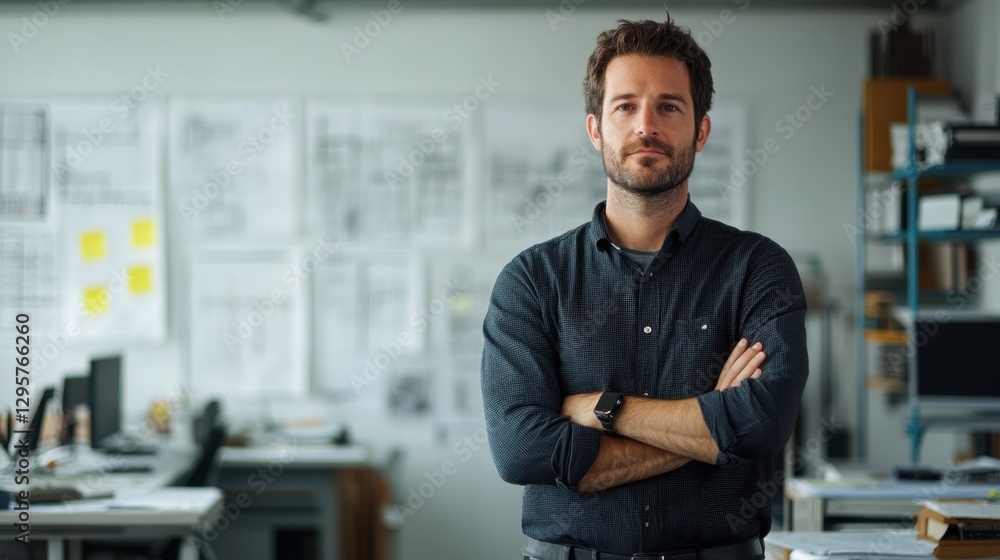 Confident Male Architect in Modern Office Environment with Architectural Plans and Designs Displayed in Background Confident Male Architect in Modern Office Environment with Architectural Plans and Designs Displayed in Background