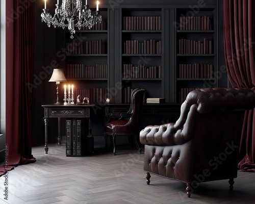 Luxurious Dark Study with Bookshelves, Leather Armchair, and Crystal Chandelier photo