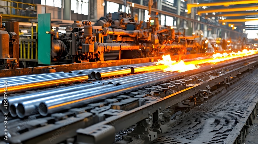 A photo showcasing the continuous casting process of metal ingots cooling down on a conveyor belt inside an industrial factory  The scene highlights the high temperature technical