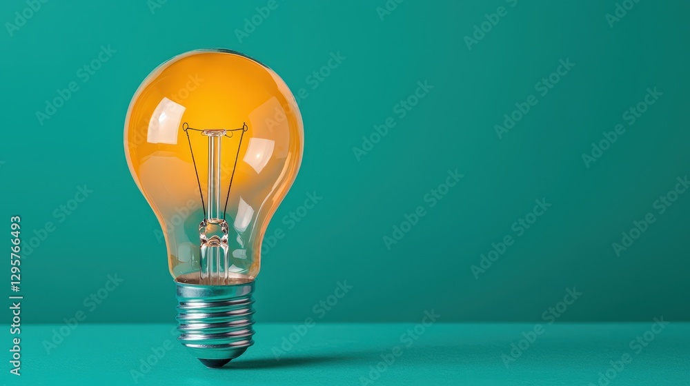 A lit transparent lightbulb is set against a turquoise background A lit transparent lightbulb is set against a turquoise background