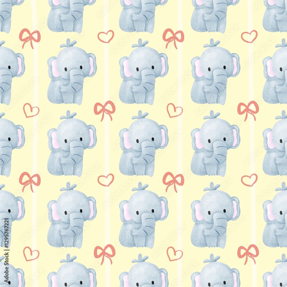 Fototapeta premium Seamless pattern cute watercolor elephant decorated with bows and hearts on background.