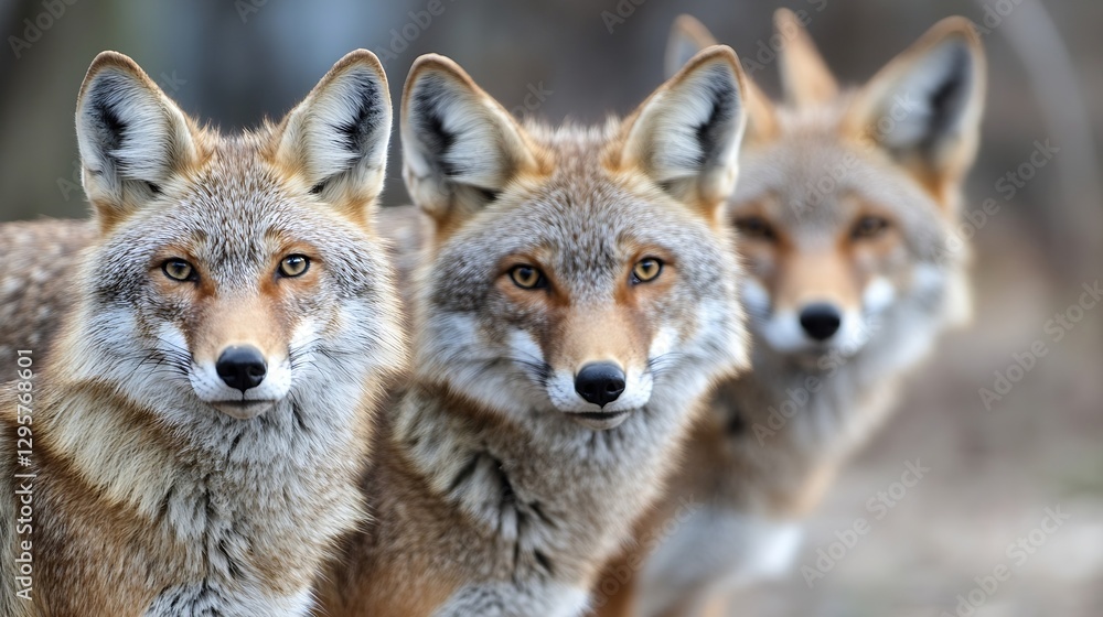 Naklejka premium Group of three beautiful coyotes with expressive eyes standing close together in a natural outdoor habitat : Generative AI