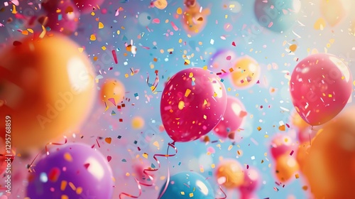 balloons and confetti are flying in the air with a blue sky in the background photo