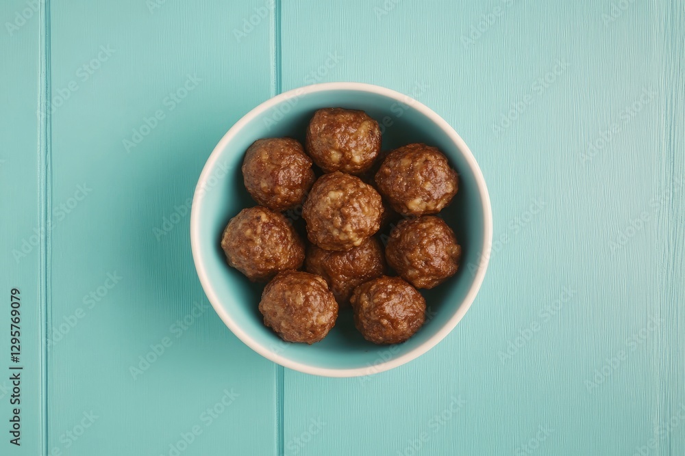 Meatballs in a bowl on a light blue wooden table Meatballs in a bowl on a light blue wooden table