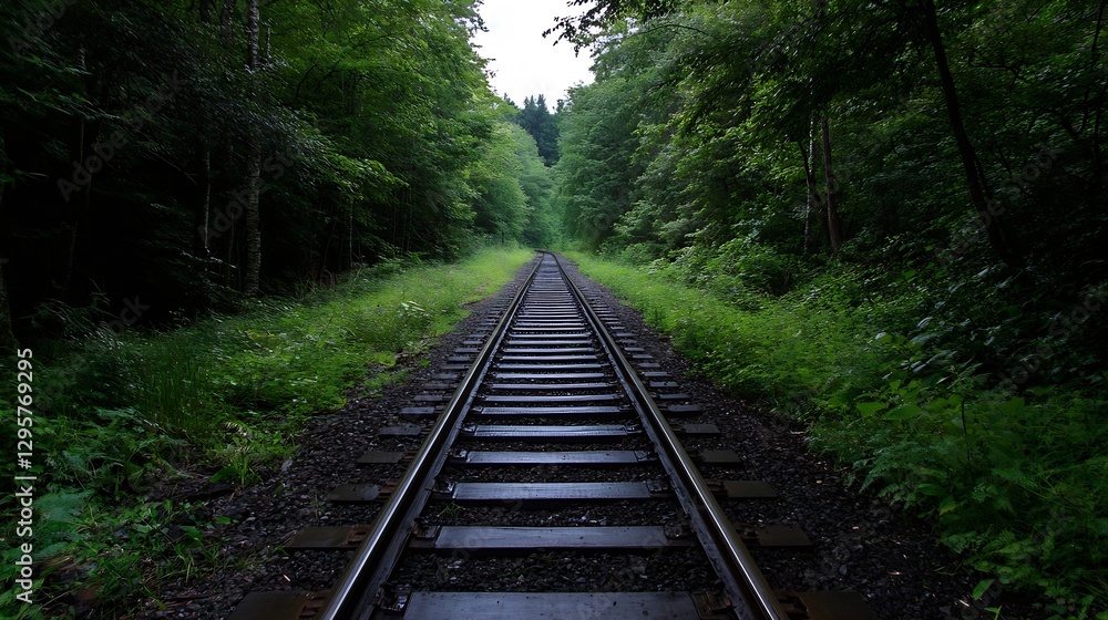 Picturesque railway track winding through lush green forest with dense trees and serene nature : Generative AI Picturesque railway track winding through lush green forest with dense trees and serene nature : Generative AI