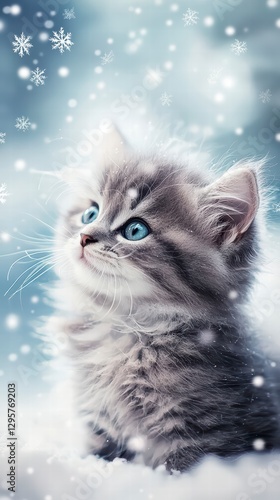 Winter Kitten's Dream: An adorable fluffy kitten gazes upwards, seemingly captivated by the gentle snowfall, its bright eyes reflecting the serene beauty of a winter wonderland.