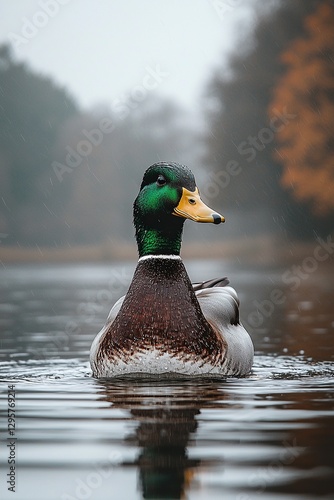 A duck is swimming in the water in the rain