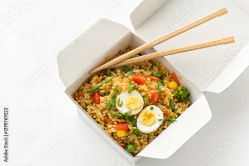 fried rice in takeout container with chopsticks on white photo