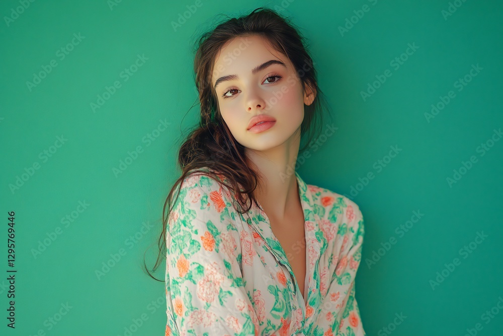 Fototapeta premium Portrait of pretty young woman in pajamas on green background