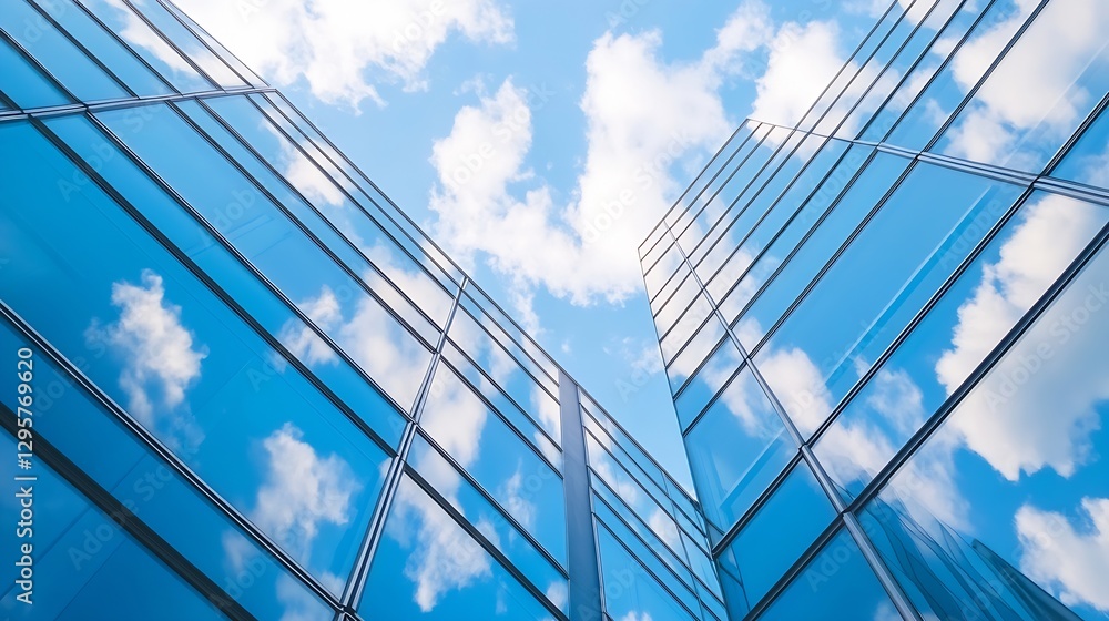 Modern Glass Building Reflections against a Bright Blue Sky with Fluffy Clouds : Generative AI Modern Glass Building Reflections against a Bright Blue Sky with Fluffy Clouds : Generative AI