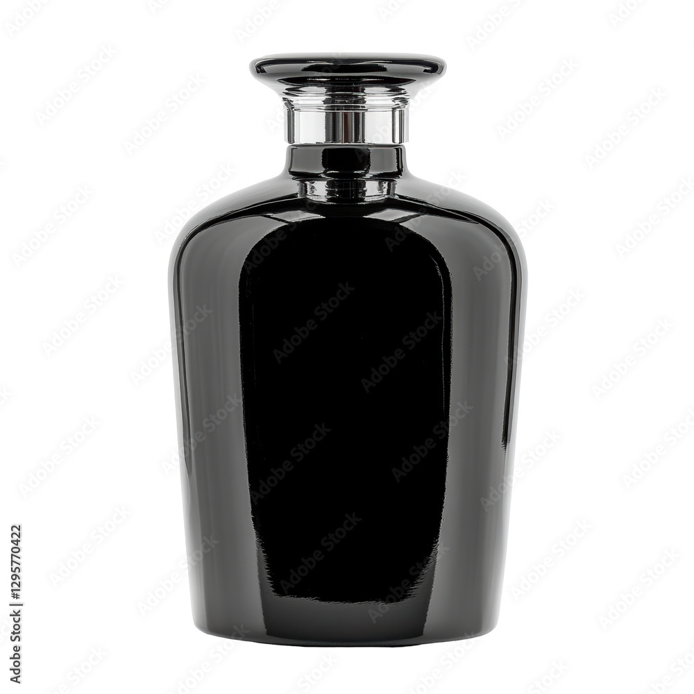Elegant Black Perfume Bottle with Chrome Cap on White Background Elegant Black Perfume Bottle with Chrome Cap on White Background