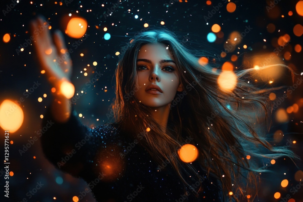 A beautiful woman with long hair surrounded by glowing lights and bokeh effects. A beautiful woman with long hair surrounded by glowing lights and bokeh effects.