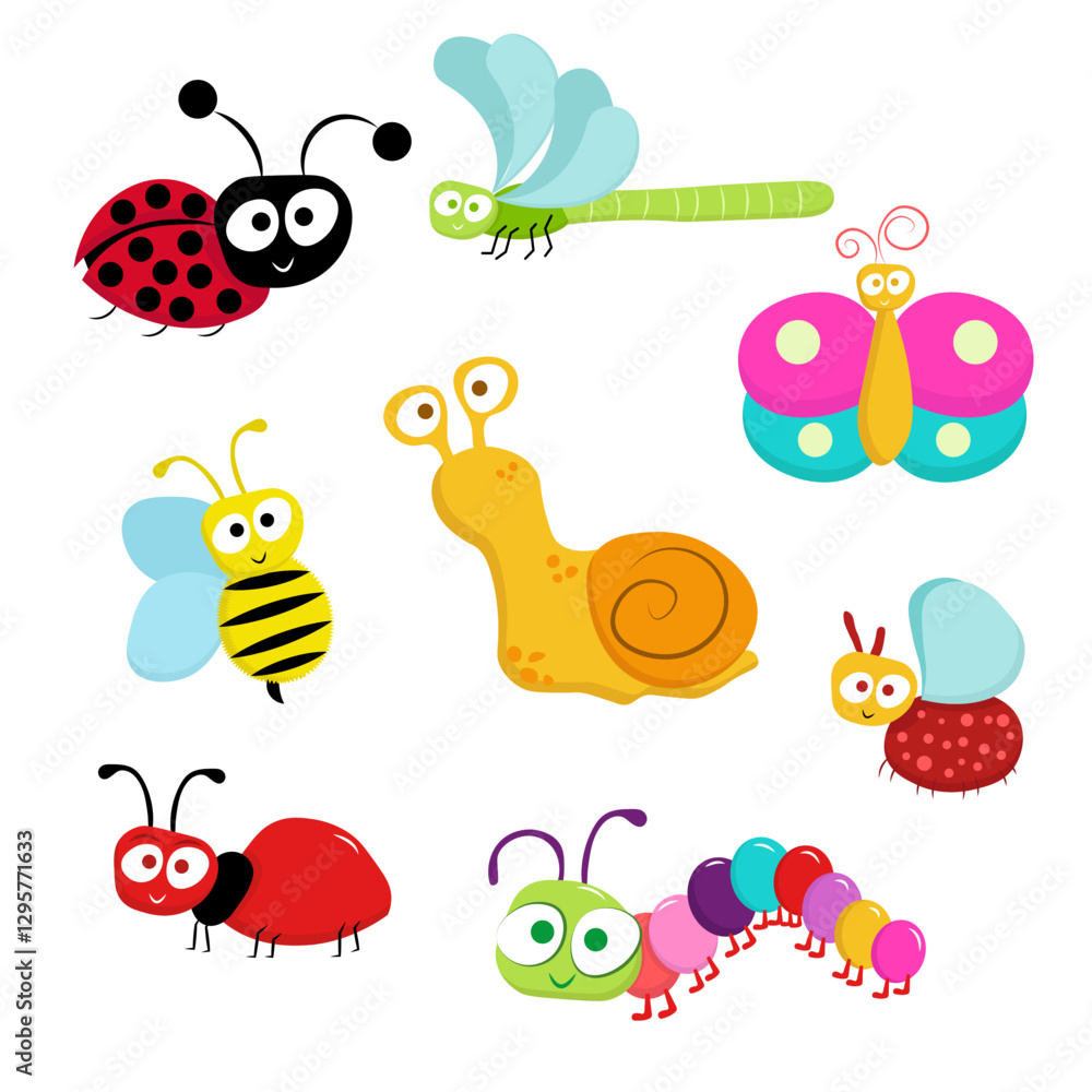Obraz premium Set of insects. Ant, wasp, caterpillar, ladybug, butterfly, snail, midge, dragonfly. Cute cartoon funny kawaii baby animal. Children's style. Flat design. White background. Vector