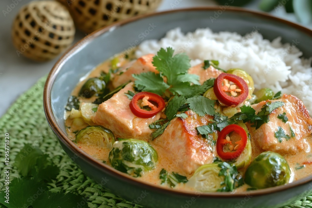 A close-up of a bowl of creamy Thai curry garnished with cilantro, red chili slices A close-up of a bowl of creamy Thai curry garnished with cilantro, red chili slices