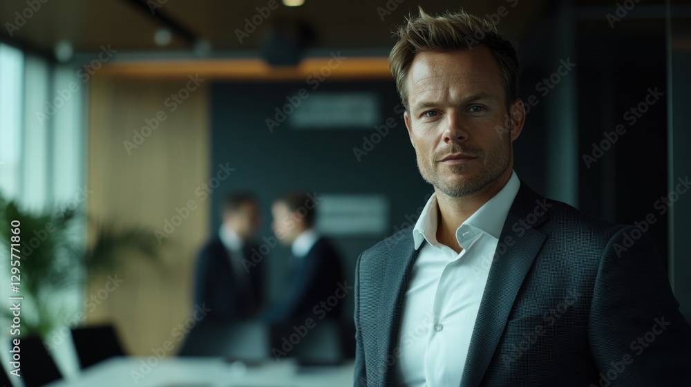 Confident businessman in formal attire standing in modern office with colleagues engaged in conversation in the background, showcasing professionalism and teamwork. Confident businessman in formal attire standing in modern office with colleagues engaged in conversation in the background, showcasing professionalism and teamwork.