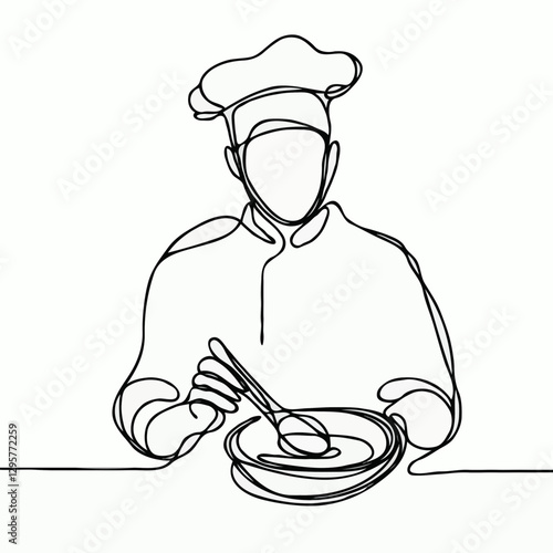 Chef cooking and plating food in one-line minimalist drawing