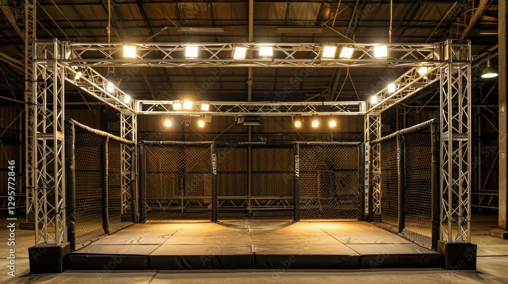 Fototapeta premium Illuminated seating in a vacant mma arena with a clear view of the main stage area