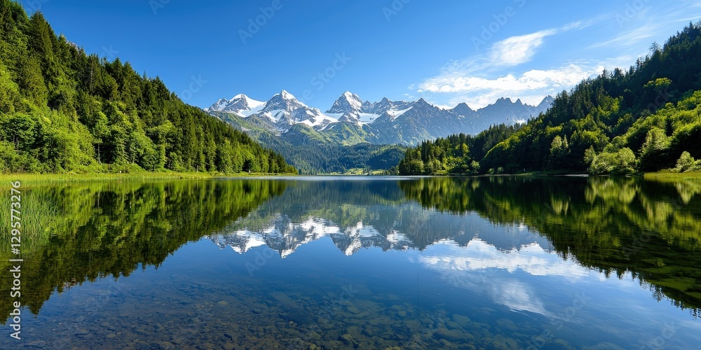 Fototapeta premium Crystal-clear alpine lake reflecting snow-capped peaks, surrounded by lush green forests, peaceful and untouched nature