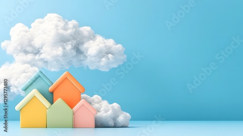 Wallpaper Mural Colorful miniature houses rising amidst soft clouds pastel background digital art aspirational theme Torontodigital.ca