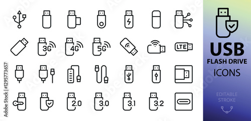 USB flash drive line icons. Set of 4g lte modem, usb stick security key, usb cable, type c port vector icon with editable stroke