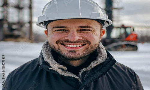 Smiling young engineer in a hardhat, standing confidently at an oil production field in winter. Professionalism in energy sector