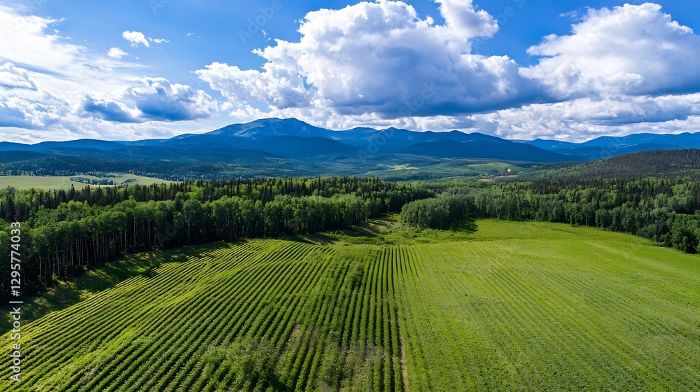 Obraz premium Aerial view of lush green fields and forests against a backdrop of majestic mountains and clouds : Generative AI