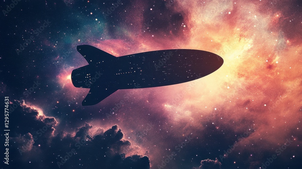 Naklejka premium Silhouette of Rocket in Cosmic Space Background with Stars and Clouds