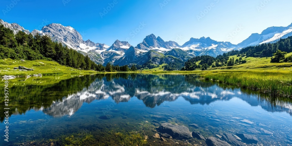 Naklejka premium Crystal-clear alpine lake reflecting snow-capped peaks, surrounded by lush green forests, peaceful and untouched nature