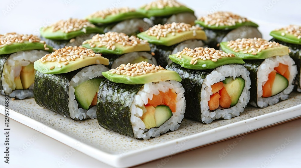 Delicious sushi rolls featuring vibrant vegetables, topped with sesame seeds and avocado, served on a sleek plate. Delicious sushi rolls featuring vibrant vegetables, topped with sesame seeds and avocado, served on a sleek plate.