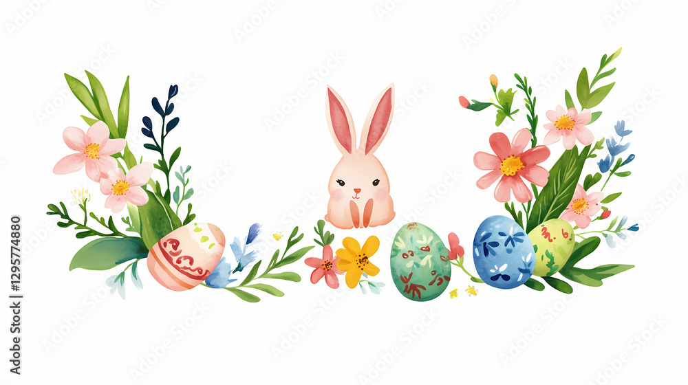 Obraz premium Watercolor Easter frame with bunny, flowers, and decorated eggs