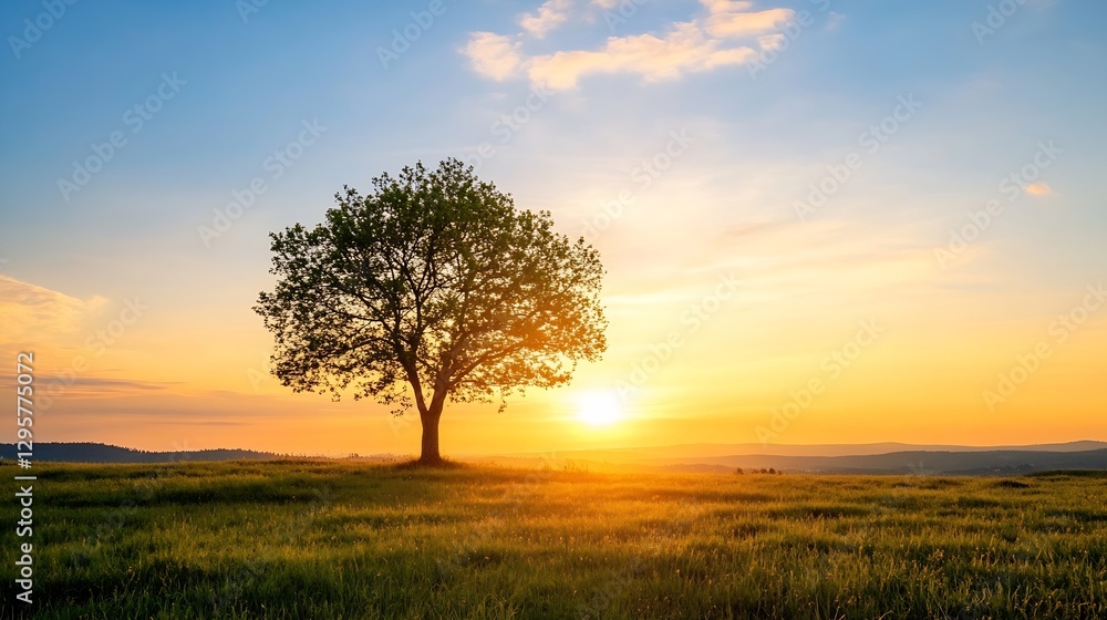 Obraz premium Lonely tree silhouetted against a stunning sunset sky and vibrant horizon in a peaceful landscape : Generative AI