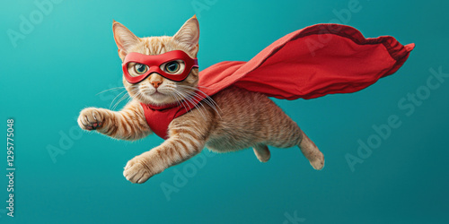 Tabbycat dressed as a superhero, flying with a red mask and cape against a turquoise background. Adorable feline in a dynamic pose, resembling a comic book hero