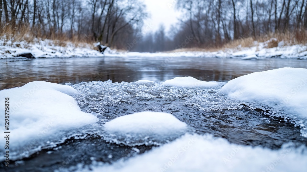 Snow covered stream flowing through a serene winter landscape : Generative AI Snow covered stream flowing through a serene winter landscape : Generative AI
