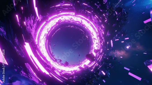 Futuristic Cosmic Portal with Vibrant Neon Colors and Asteroids