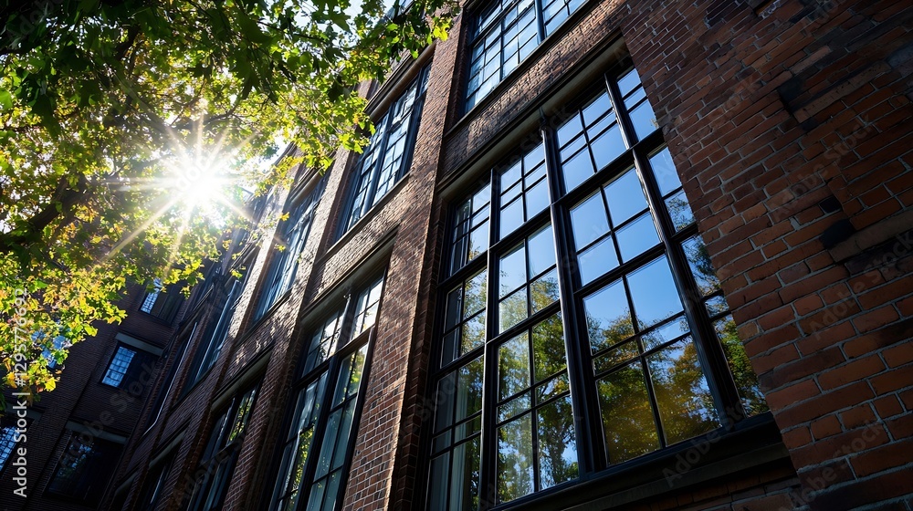 Obraz premium Beautiful Reflections of Sunlight on Large Windows of a Vintage Brick Building : Generative AI