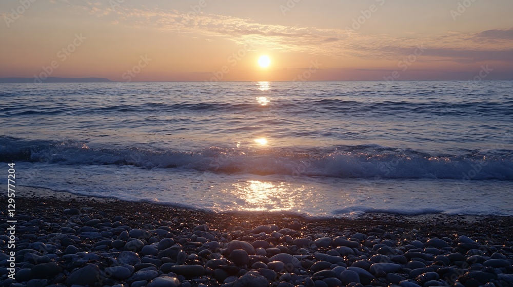 Obraz premium Serene Sunset Over Calm Ocean Waves and Pebbled Beach Creating a Peaceful Coastal Scene : Generative AI