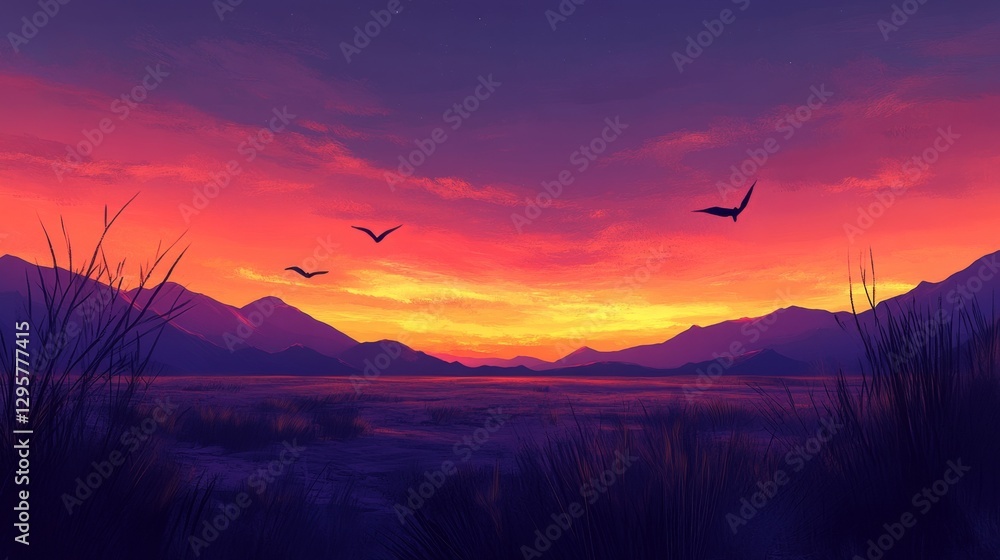 Desert Dusk: Vibrant Sunset Over Arid Landscape with Flying Birds Desert Dusk: Vibrant Sunset Over Arid Landscape with Flying Birds