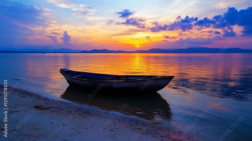 Lonely boat on the shore during sunset creating a serene and calming coastal scene : Generative AI Lonely boat on the shore during sunset creating a serene and calming coastal scene : Generative AI