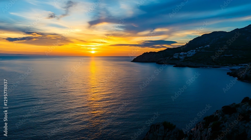 Fototapeta premium Breathtaking sunset over calm sea with colorful sky and cliffs in the background : Generative AI