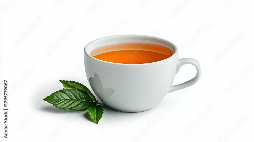 A white teacup with tea and green leaves on white background