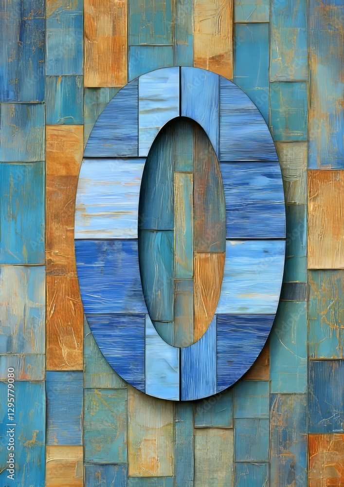 Fototapeta premium Number zero, blue, wooden mosaic, wall, background
