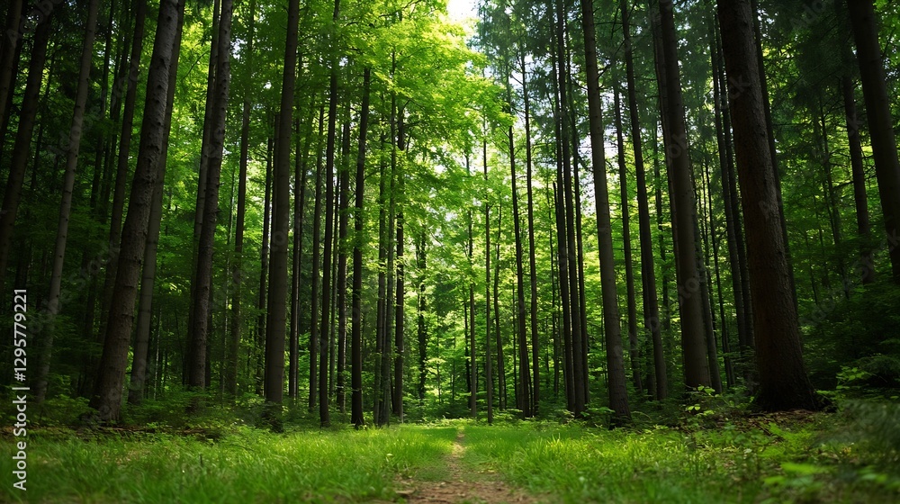 Lush Green Forest Pathway Surrounded by Tall Trees Under Bright Blue Sky : Generative AI Lush Green Forest Pathway Surrounded by Tall Trees Under Bright Blue Sky : Generative AI