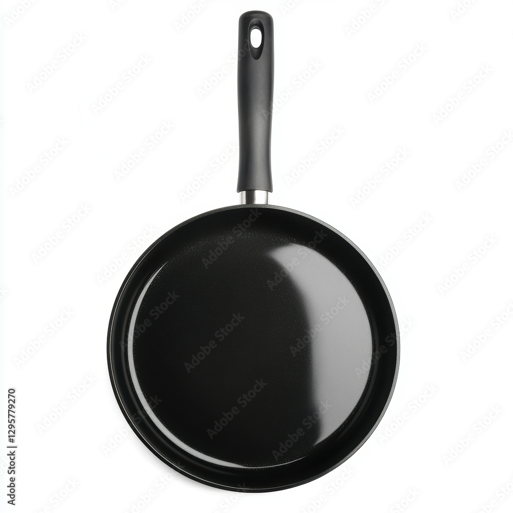 Non stick frying pan with ergonomic handle on white background, perfect for home cooking and kitchen use