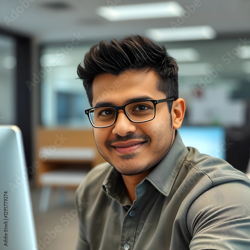 Un hombre hispano mirando directamente a la cámara en una oficina