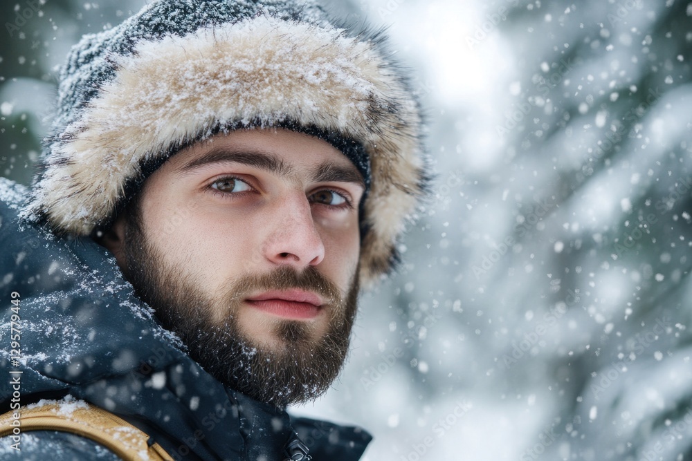 Young man in winter with fur and hood posing for the camera. Young man in winter with fur and hood posing for the camera.