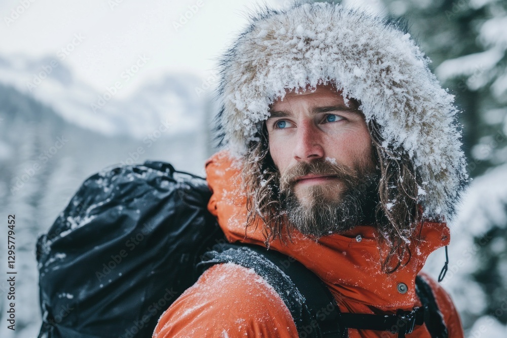 Fototapeta premium Young man in winter with fur and hood posing for the camera.