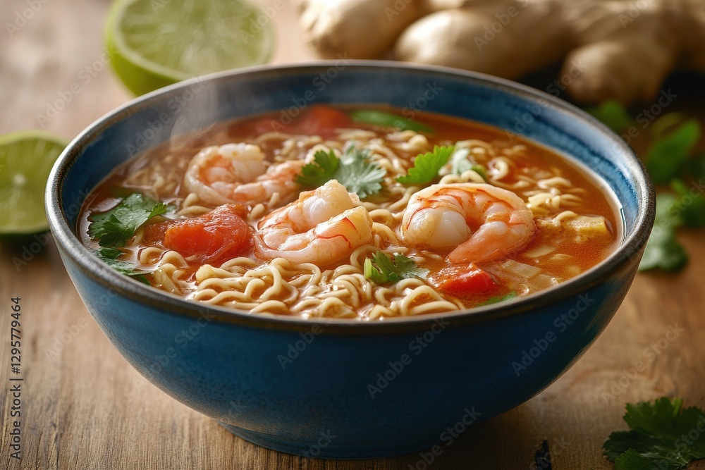 A steaming bowl of traditional Tom Yum soup with shrimp, noodles A steaming bowl of traditional Tom Yum soup with shrimp, noodles
