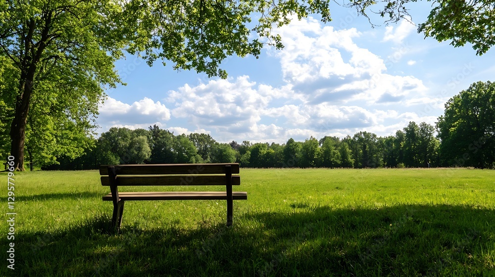Inviting wooden park bench in a spacious green field under a beautiful blue sky with fluffy white clouds : Generative AI Inviting wooden park bench in a spacious green field under a beautiful blue sky with fluffy white clouds : Generative AI