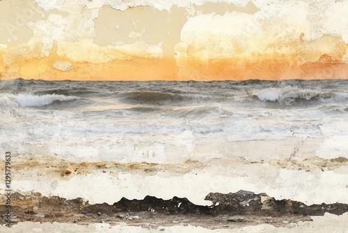 Ocean sunset, textured beach, waves, design element photo